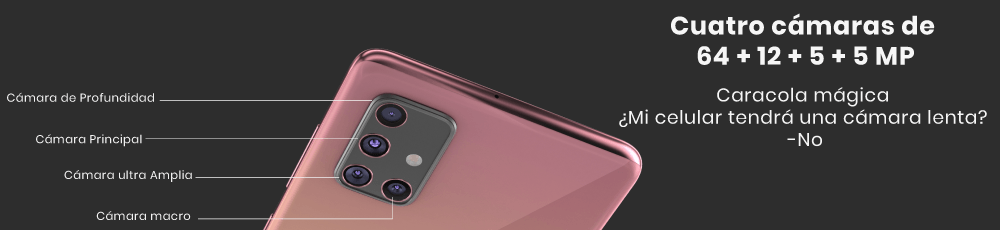 Samsung Galaxy A71 cámara de 64 + 12 + 5 + 5 MP y para selfie de 32 MP