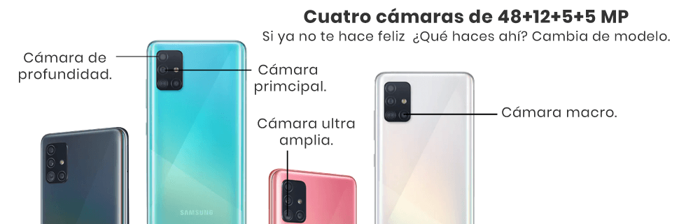 El Samsung Galaxy A51 tienes un campo de visión más amplio ya que es ultra gran angular o sea 123° de visión. En su sensor principal tenemos 48MP para fotos con mayor calidad y nítidez