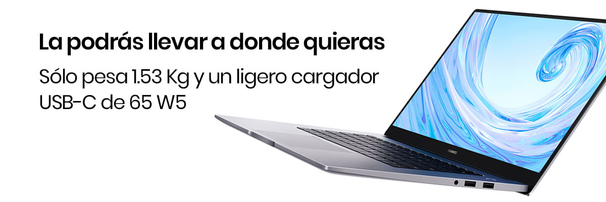 La Laptop Huawei MateBook D 15 diseñada para que la puedas llevar a todos lados, ya que solo pesa 1.53 Kg, además, viene con un cargador USB-C de 65 W5