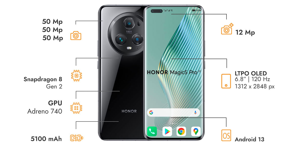 Honor Magic5 Pro, cuenta con una pantalla OLED de 6.81 pulgadas, procesador Snapdragon 8 Gen 2, batería de 5100 mAh, batería triple de 50 MP y más