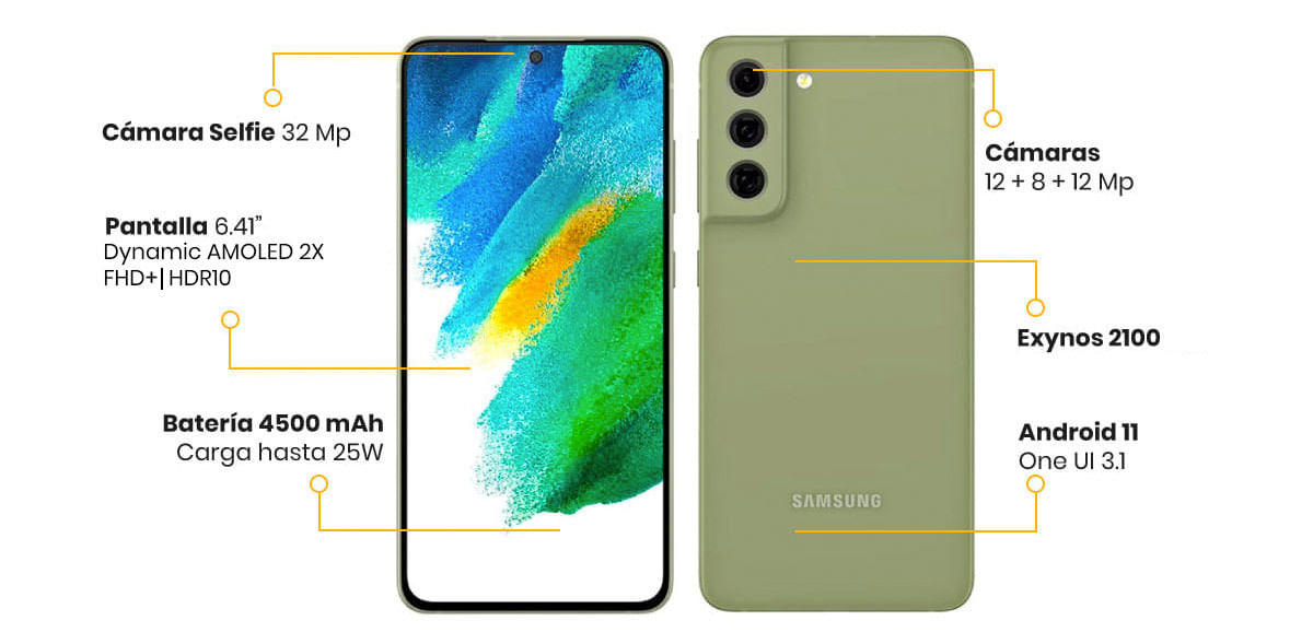 Samsung Galaxy S21 FE tenemos un panel Dynamic AMOLED de 6.4, una densidad de pixeles de 401 ppi y una frecuencia de actualización de 120 Hz. En su apartado fotográfico tenemos un módulo triple de 12+12+8 MP y para las bonitas selfies tenemos 32 MP pa que salgas bien chuly en todas tus fotos. Al interior nos encontramos un Android 11 con Samsung One UI 3.1, batería de 4500 mAh compatible con carga rápida y en su cerebro, tenemos el Exynos 2100.