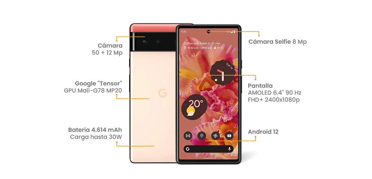google pixel 6, cámara de 50 + 12 MPX, selfie 20 MPX,PAntalla amoled de 6.4