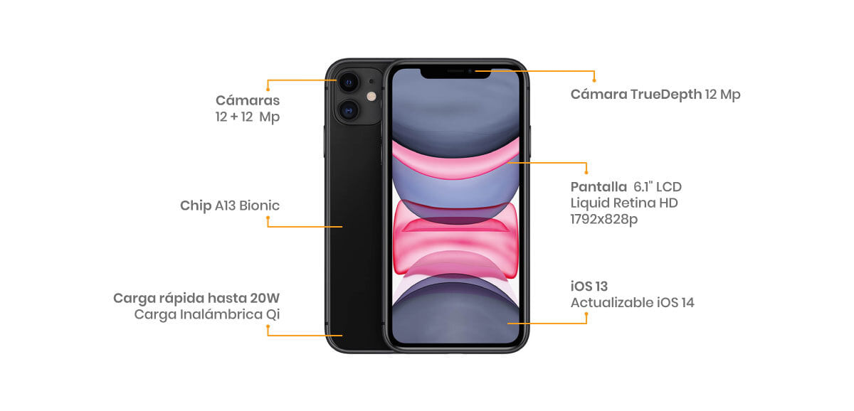 El Apple iPhone 11 64GB cuenta con dos cámaras de 12 + 12 MP y una frontal TrueDepth de 12 MP