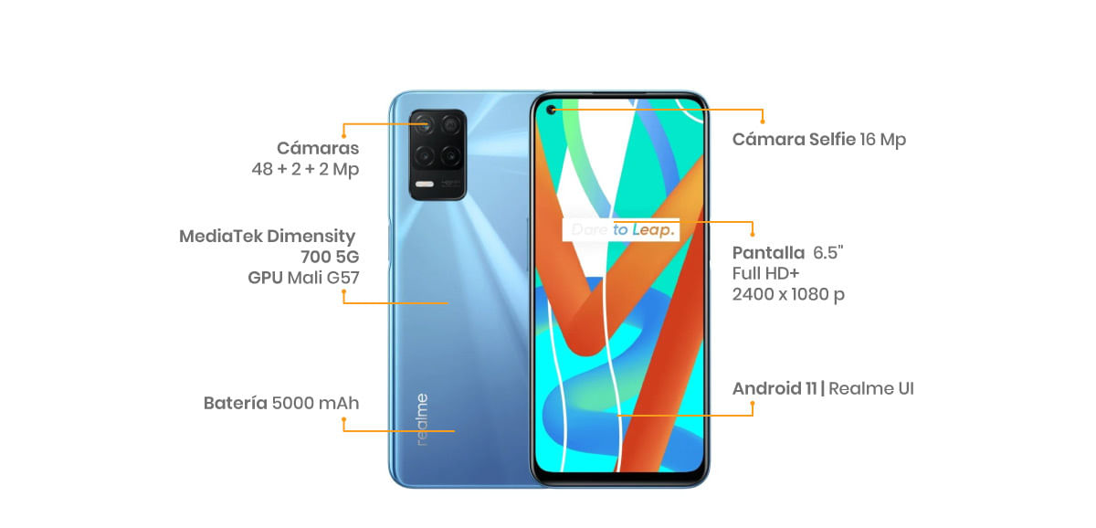 características realme 8 5g, pantalla IPS FHD+ de 6.5” con una tasa de refresco de 90 Hz, en su apartado fotográfico nos encontramos con tres cámaras de 48 + 2 + 2 MPX y un sensor selfie de 16 MPX, lector de huella al costado. Al interior vamos a encontrar una batería de 5000 mAh compatible con carga rápida de 18W, Android 11 y para darle vida tenemos el procesador Dimensity 700 de Mediatek