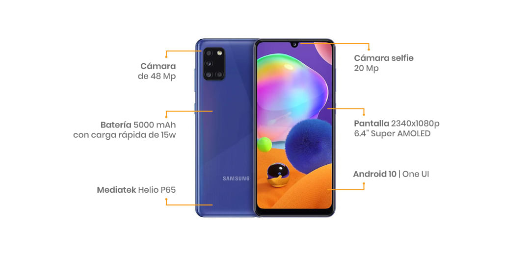 El Samsung Galaxy A31 cuenta con una pantalla Super AMOLED FHD+ de 6.4”, su cámara es cuádruple está liderada por un sensor de 48 MP y para las selfies tenemos 20MP