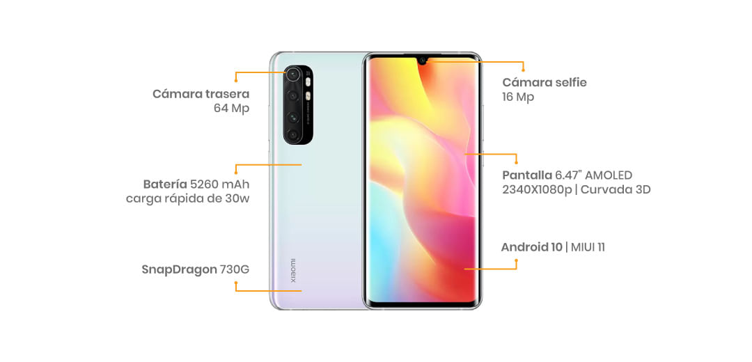 El Xiaomi Mi Note 10 Lite cuenta con una pantalla AMOLED FHD+ de 6.47”, cuenta con cuatro sensores en la parte trasera, liderados por uno de 64 MP