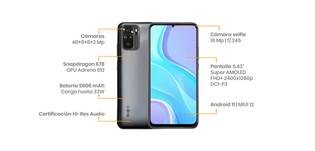 El Redmi Note 10 cuenta con una pantalla Super AMOLED de 6.42” con una resolución FHD+, en su apartado fotografico nos vamos a encontrar con cuatro sensores de 48 + 8 + 2 + 2 megapíxeles y en la cámara selfie tendremos 13 MP